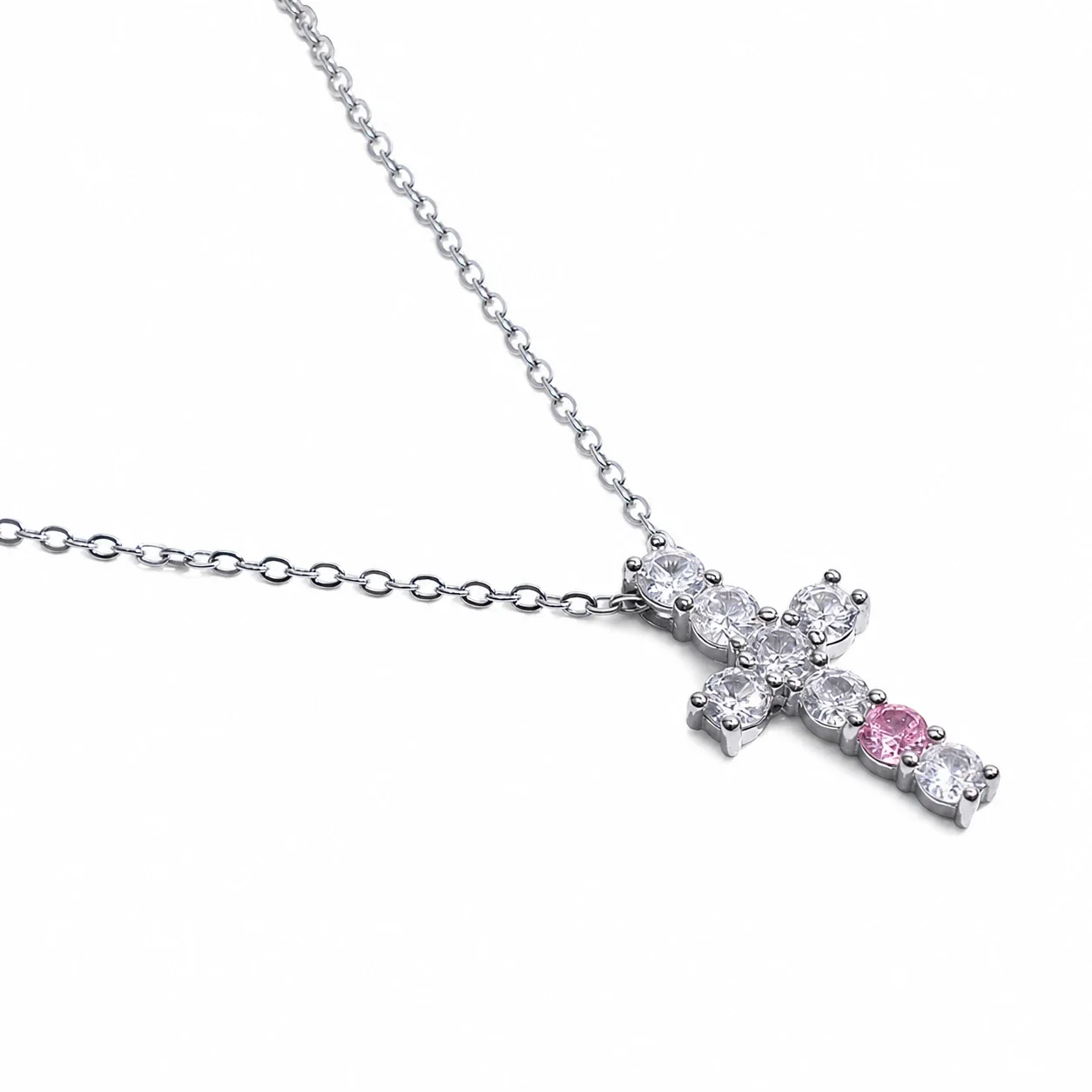Delicate 316 Stainless Steel CZ Cross Choker Necklace - Silver Clear Pink CZ