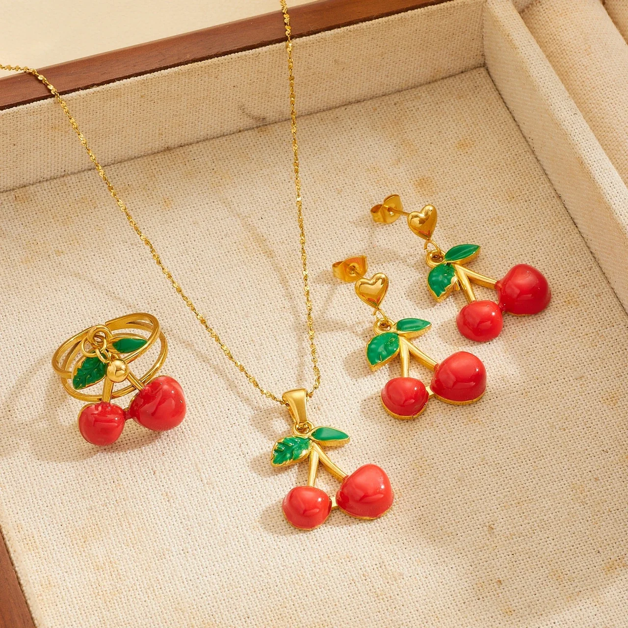 Cherry Jewelry Set with Red Enamel Fruit, Gold-Plated Steel