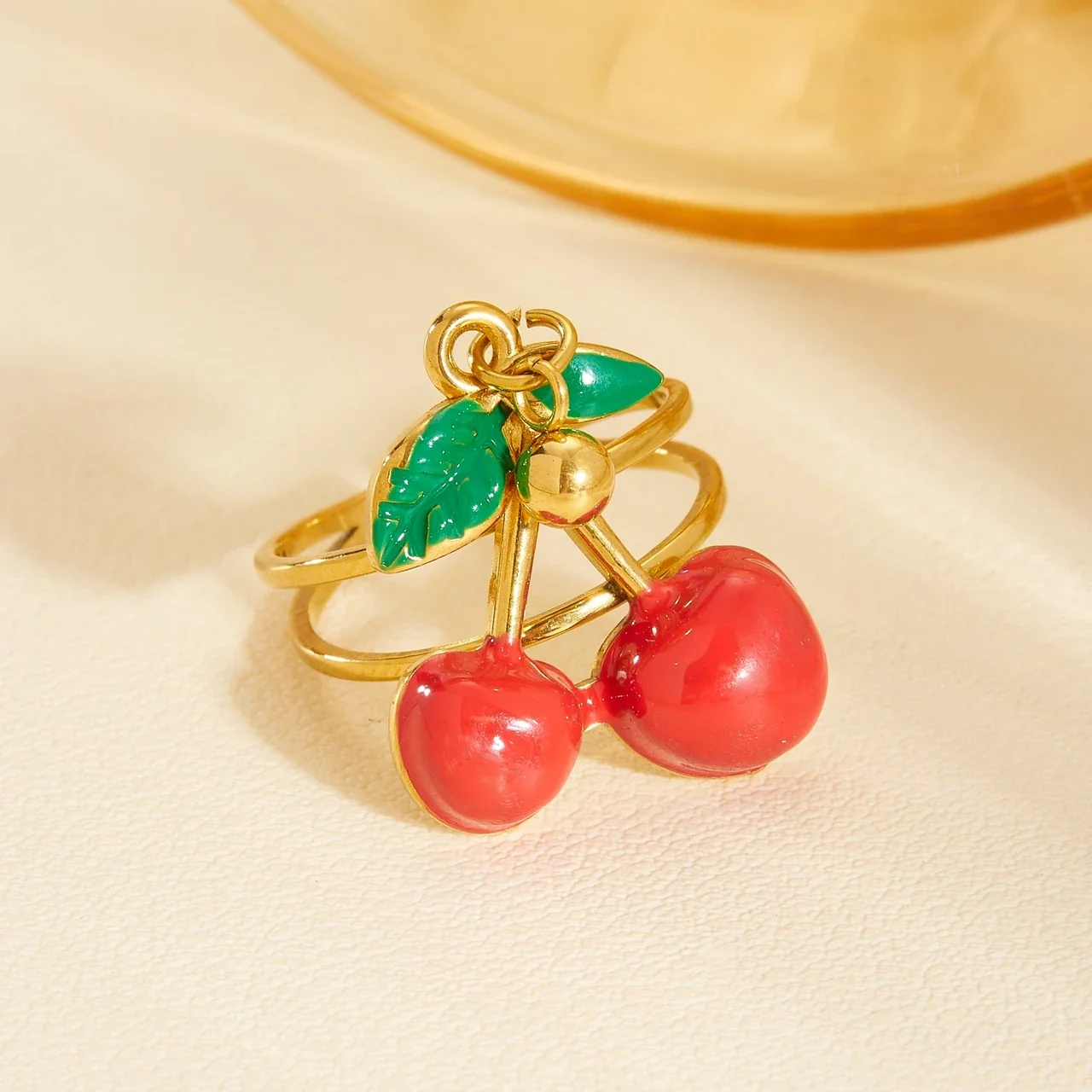 Cherry Jewelry Set with Red Enamel Fruit, Gold-Plated Steel