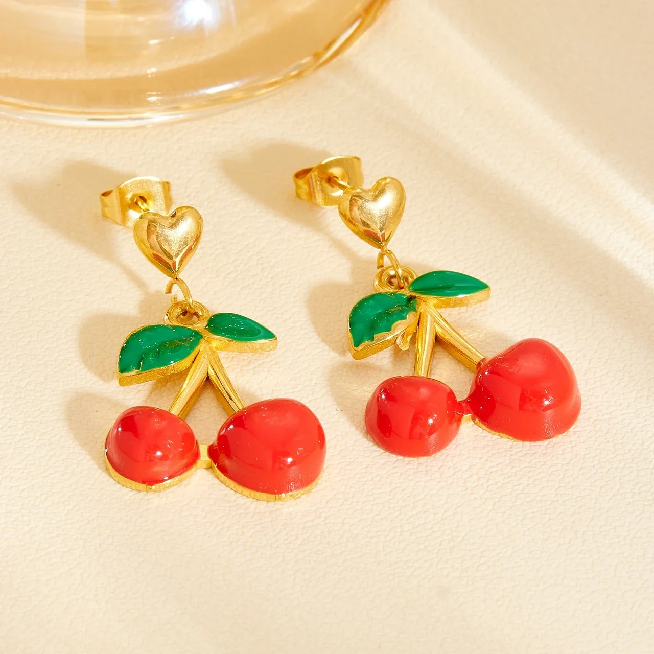 Cherry Jewelry Set with Red Enamel Fruit, Gold-Plated Steel