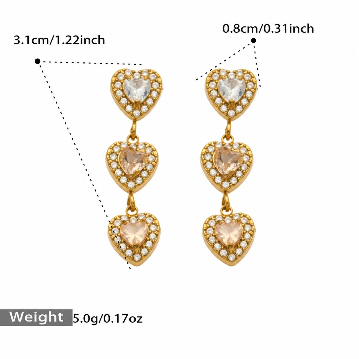 Oorhangers met drie CZ-harten met halo, verguld roestvrij staal productfoto