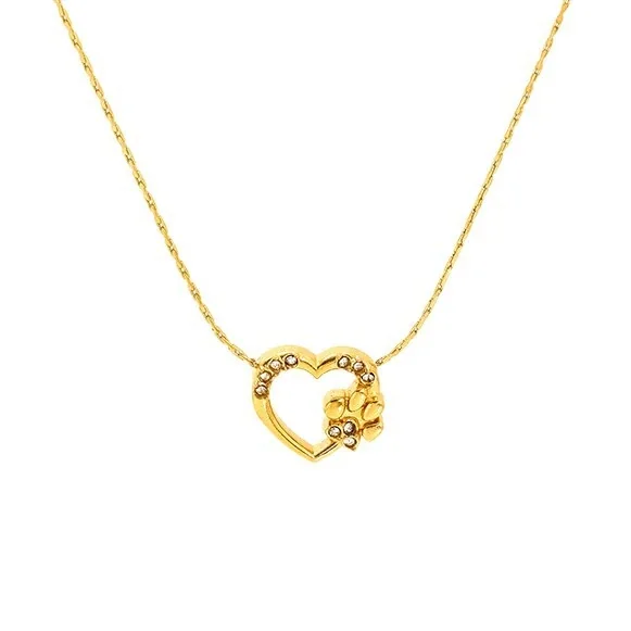 Verspielte Edelstahl-Halskette mit Herz-Pfoten-Anhänger, Zirkonia, Goldton