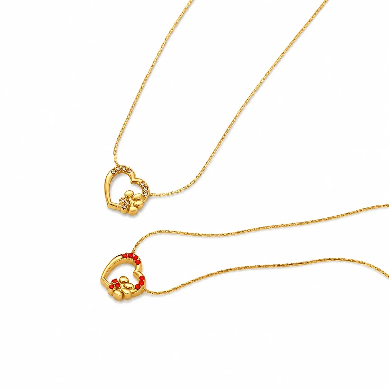 Playful Stainless Steel Gold-Tone Heart Paw CZ Pendant Necklace