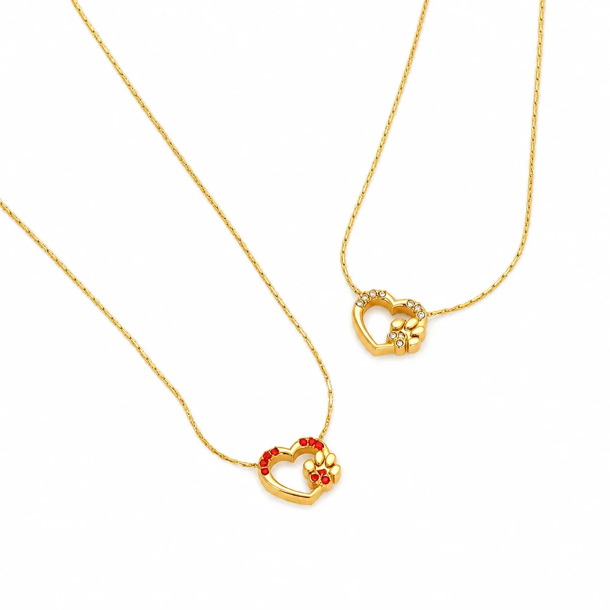 Playful Stainless Steel Gold-Tone Heart Paw CZ Pendant Necklace