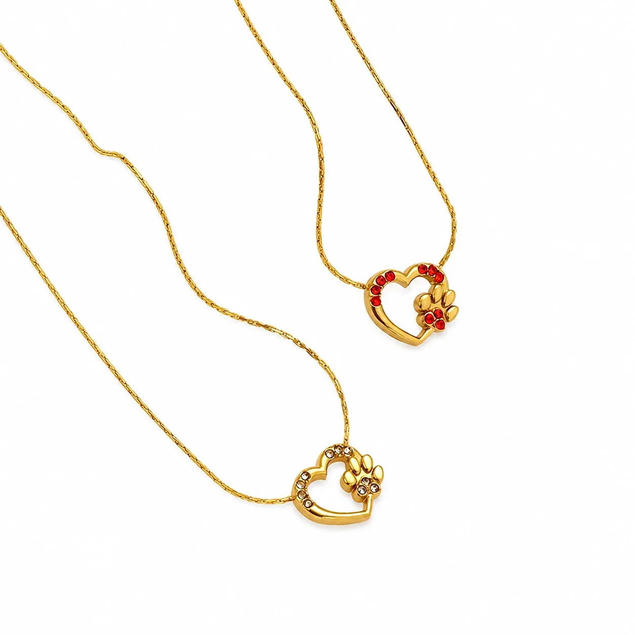 Playful Stainless Steel Gold-Tone Heart Paw CZ Pendant Necklace