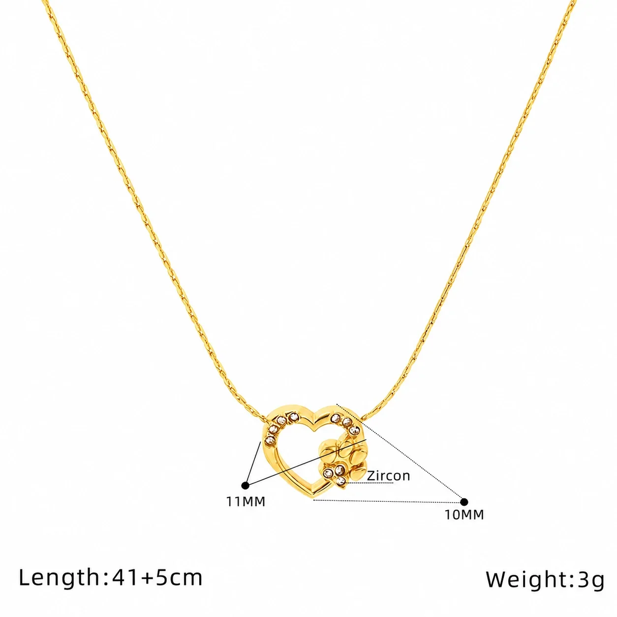 Playful Stainless Steel Gold-Tone Heart Paw CZ Pendant Necklace