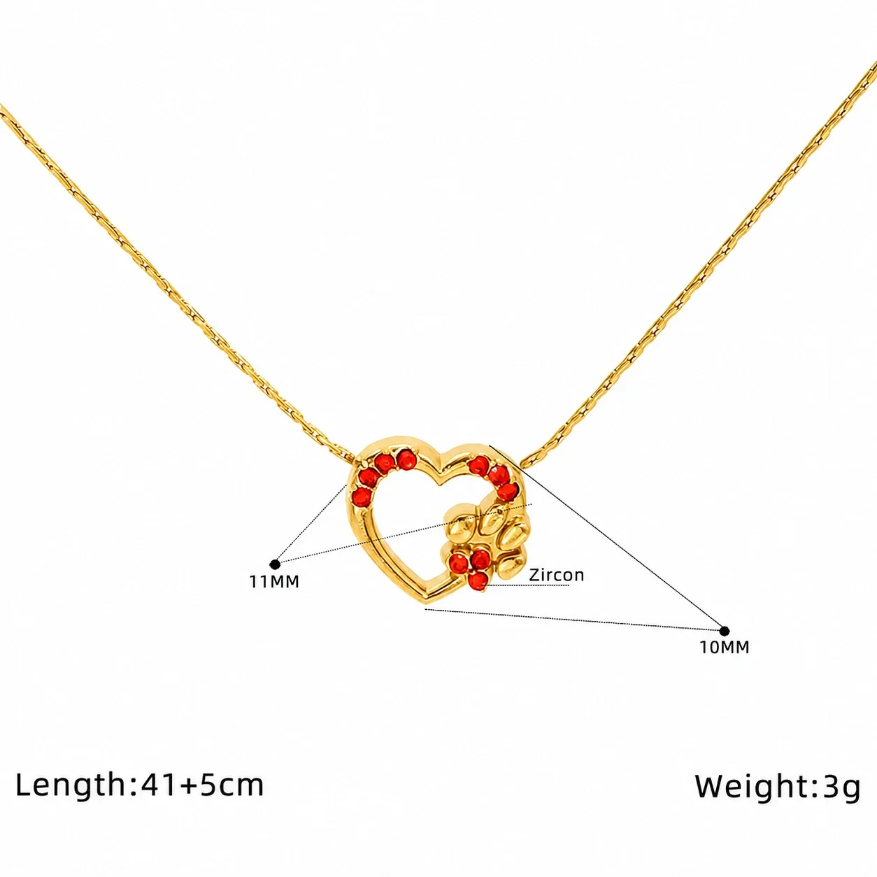 Playful Stainless Steel Gold-Tone Heart Paw CZ Pendant Necklace - Gold Red CZ