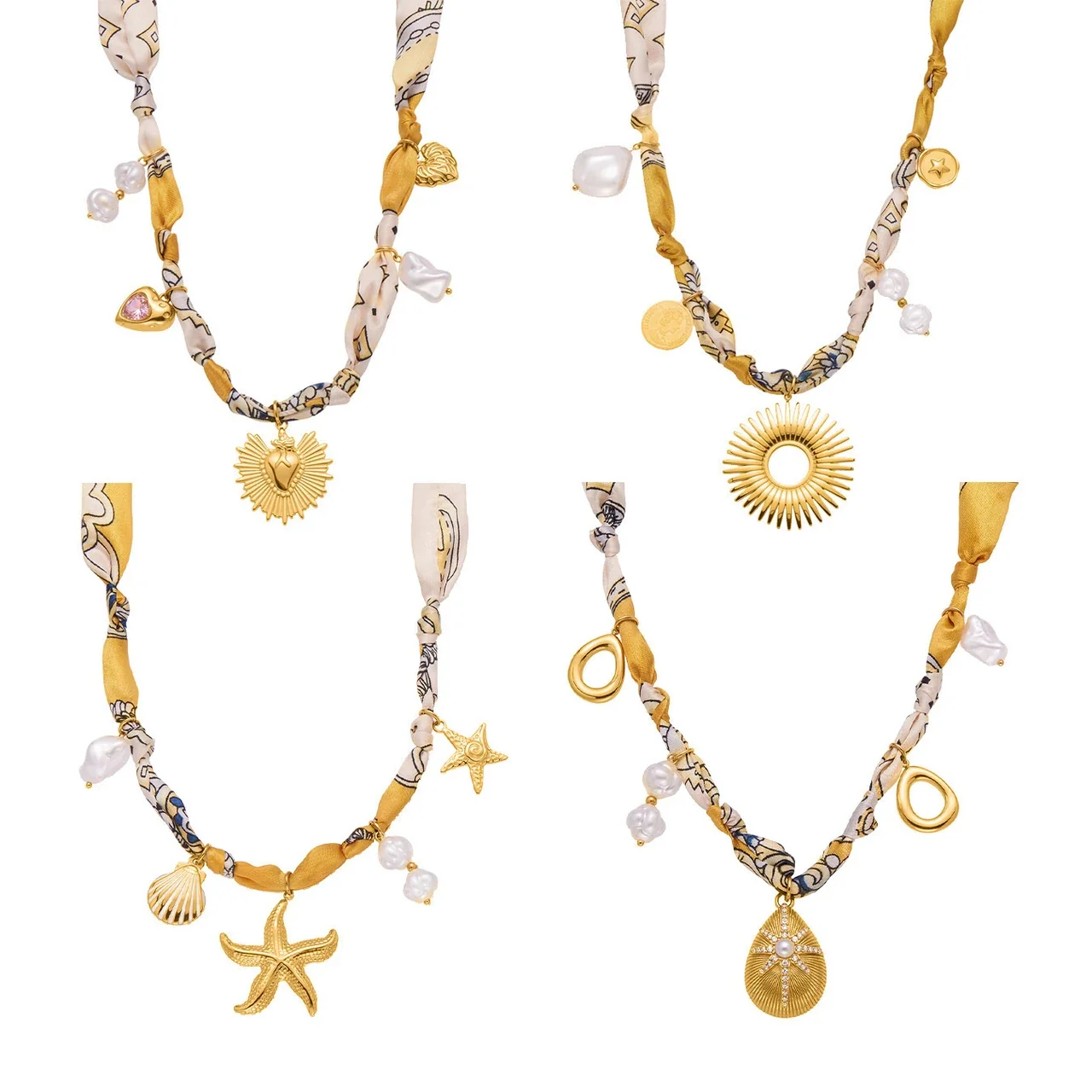Gold-Tone Silk Scarf Charm Necklace in Stainless Steel