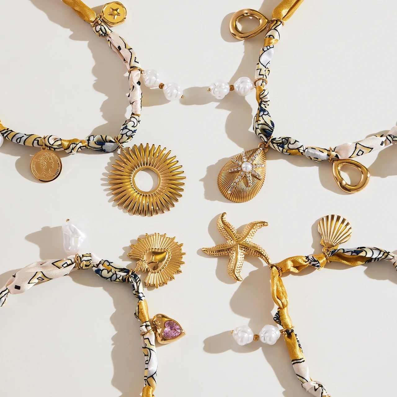 Gold-Tone Silk Scarf Charm Necklace in Stainless Steel