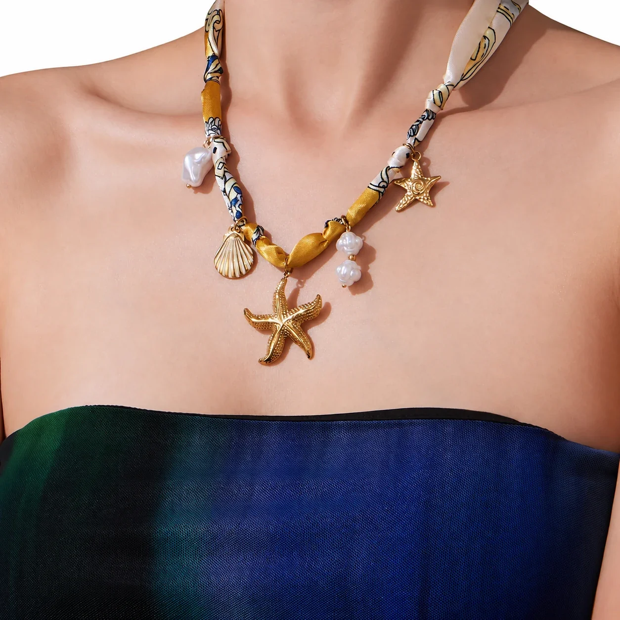 Gold-Tone Silk Scarf Charm Necklace in Stainless Steel