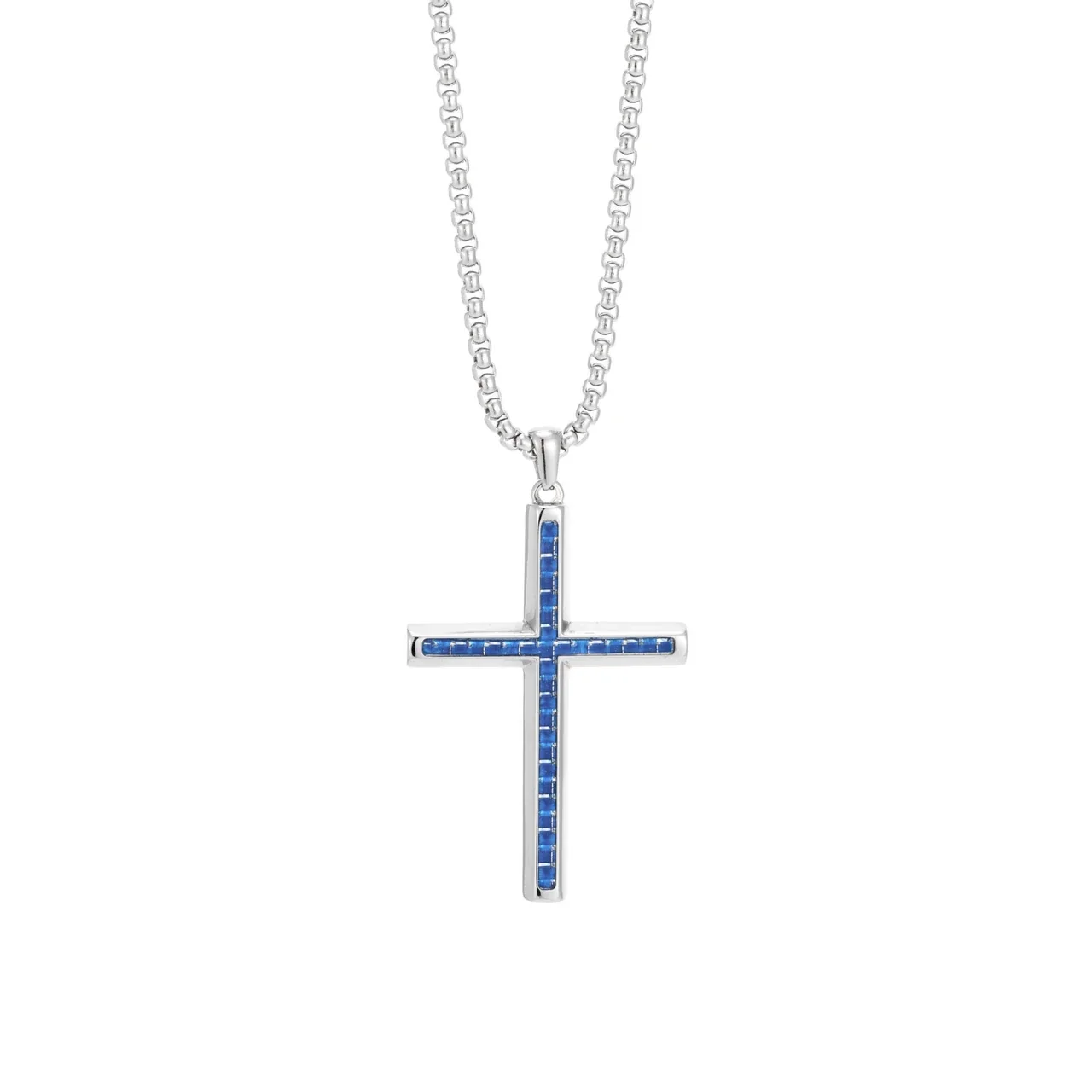 Polished 316 Stainless Steel Inlay Cross Pendant Necklace - Blue