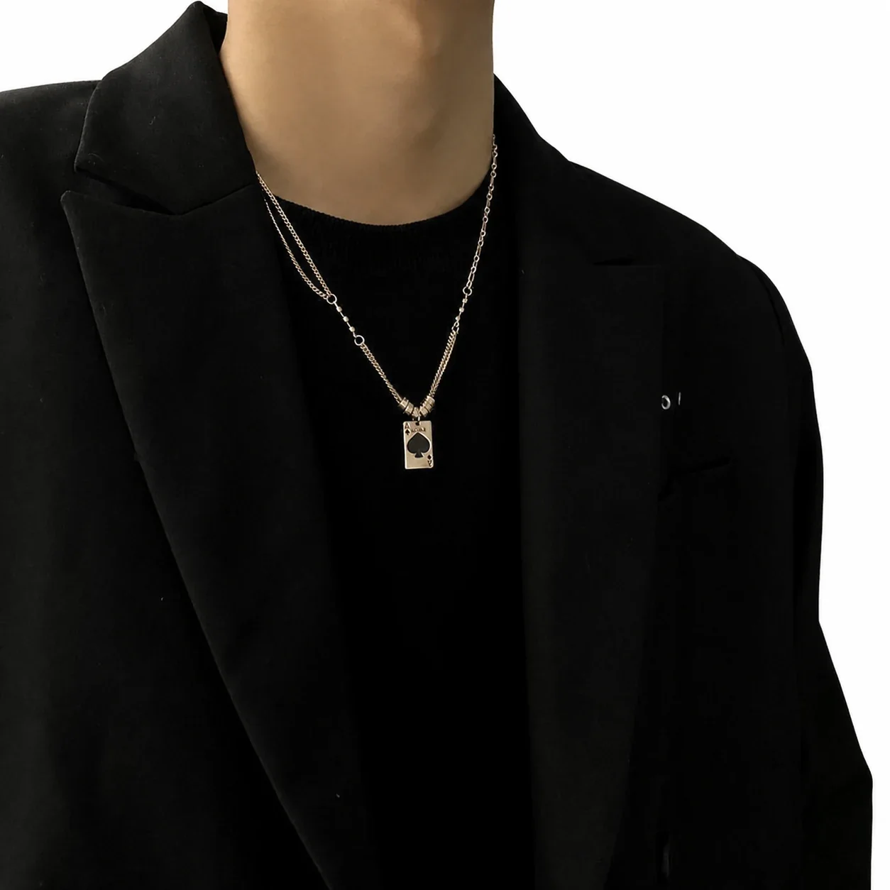 Layered Stainless Steel Spade Card Pendant Necklace