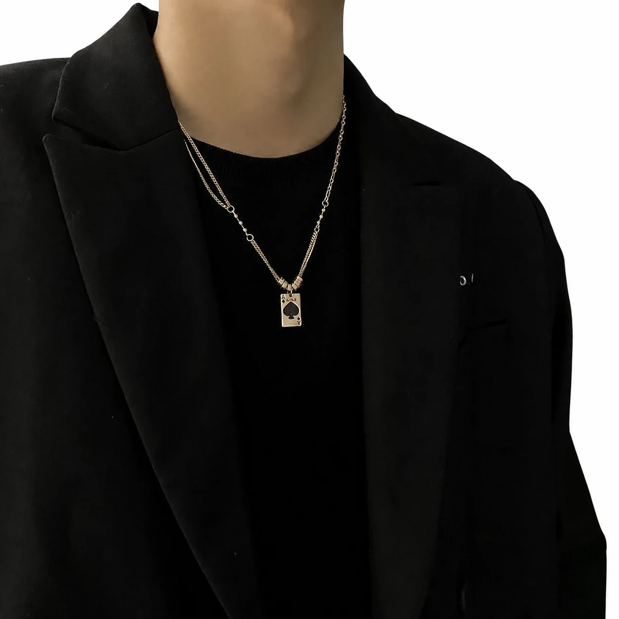 Layered Stainless Steel Spade Card Pendant Necklace - Silver