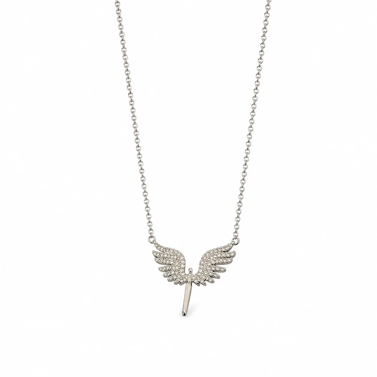 Striking Silver-Plated Stainless Steel Pavé Wing Drop Necklace