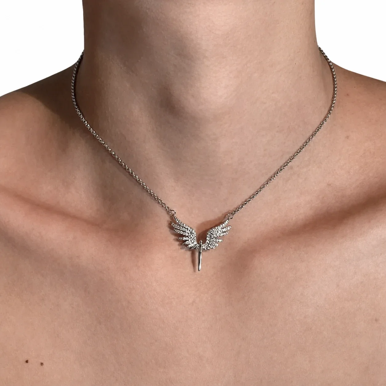 Striking Silver-Plated Stainless Steel Pavé Wing Drop Necklace