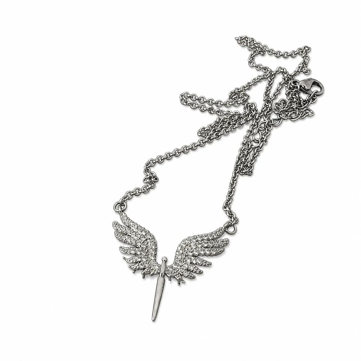 Striking Silver-Plated Stainless Steel Pavé Wing Drop Necklace