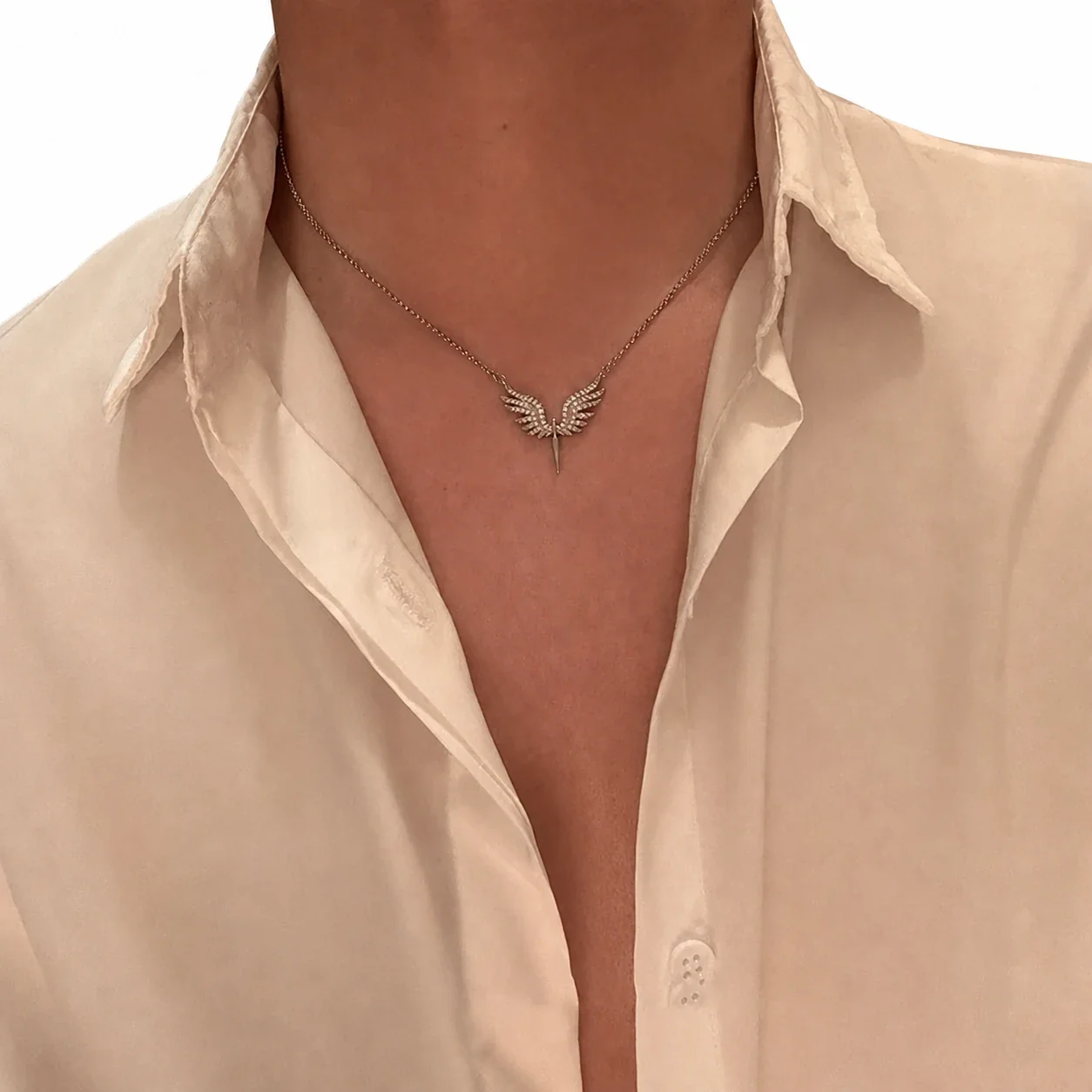 Striking Silver-Plated Stainless Steel Pavé Wing Drop Necklace