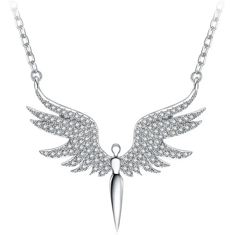 Striking Silver-Plated Stainless Steel Pavé Wing Drop Necklace