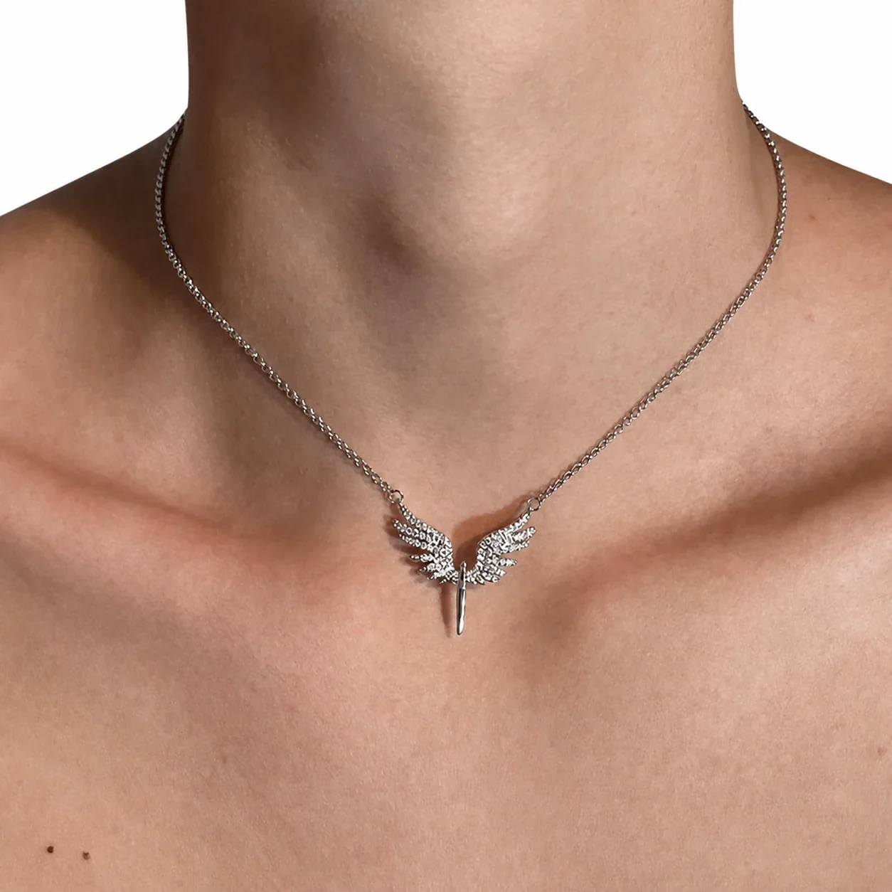 Striking Silver-Plated Stainless Steel Pavé Wing Drop Necklace - Silver