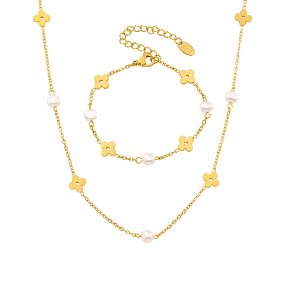 Delicate 18K Gold-Plated Stainless Steel Flower Pearl Jewelry Set