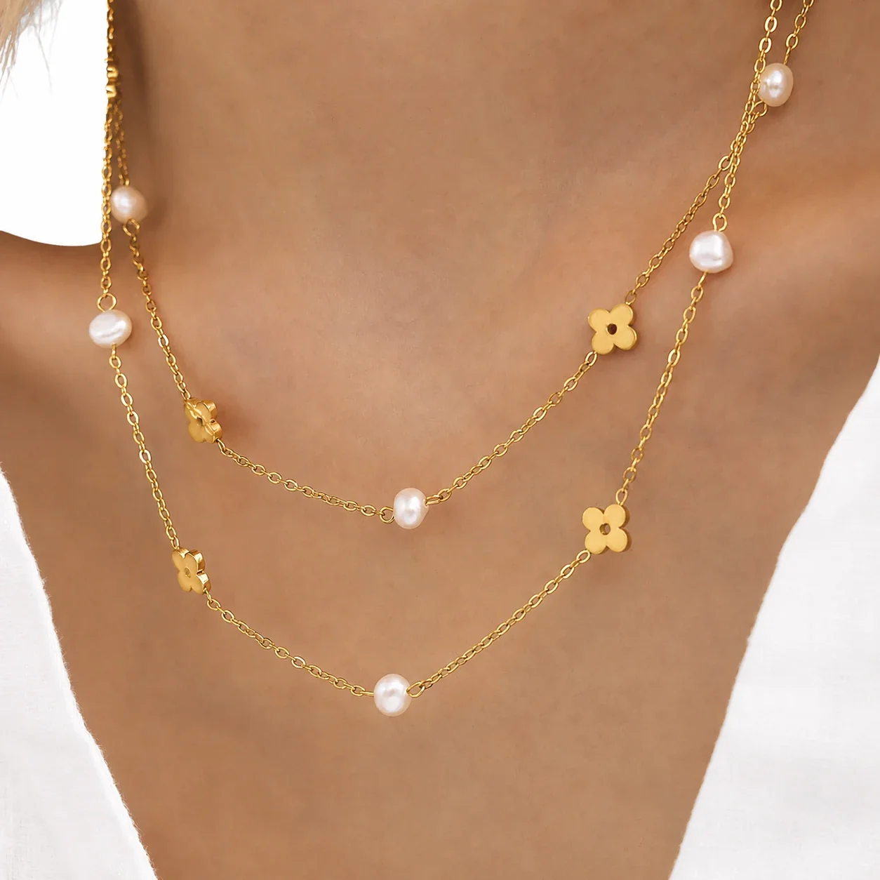 Delicate 18K Gold-Plated Stainless Steel Flower Pearl Jewelry Set