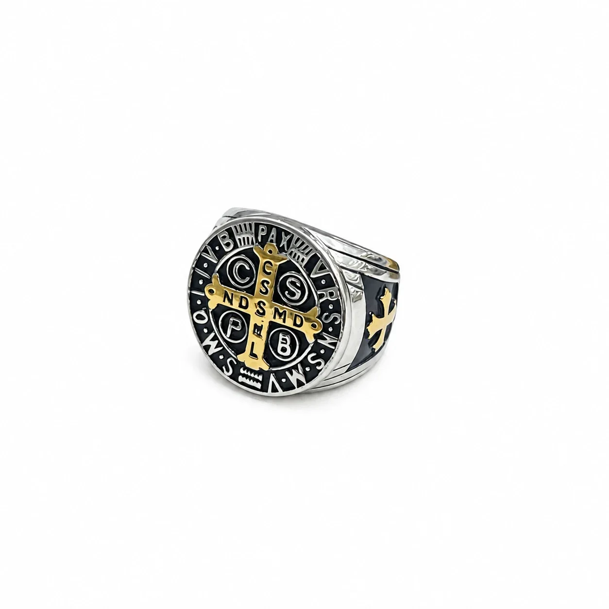 Anello sigillo con croce della Medaglia di San Benedetto in acciaio inossidabile 316