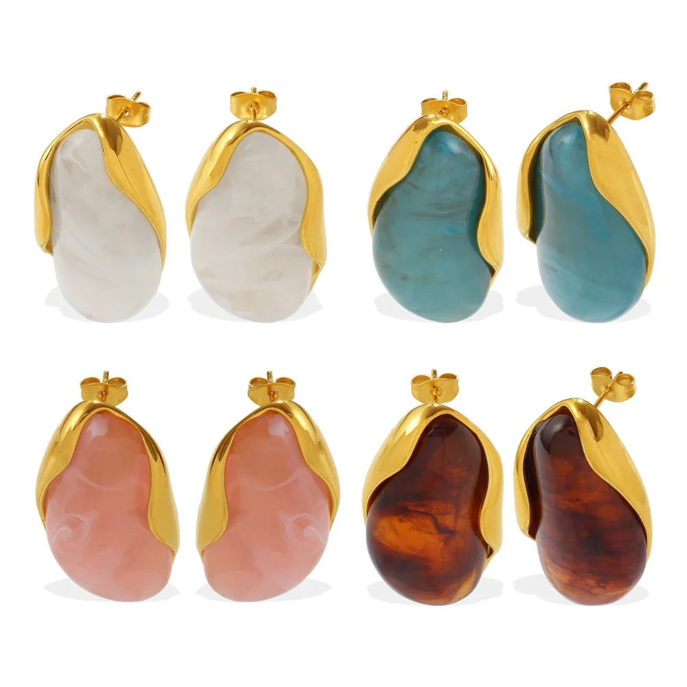 Stud Earrings, Marbled Resin & 18K Gold-Plated Frames