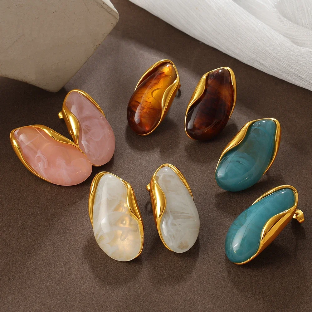 Stud Earrings, Marbled Resin & 18K Gold-Plated Frames