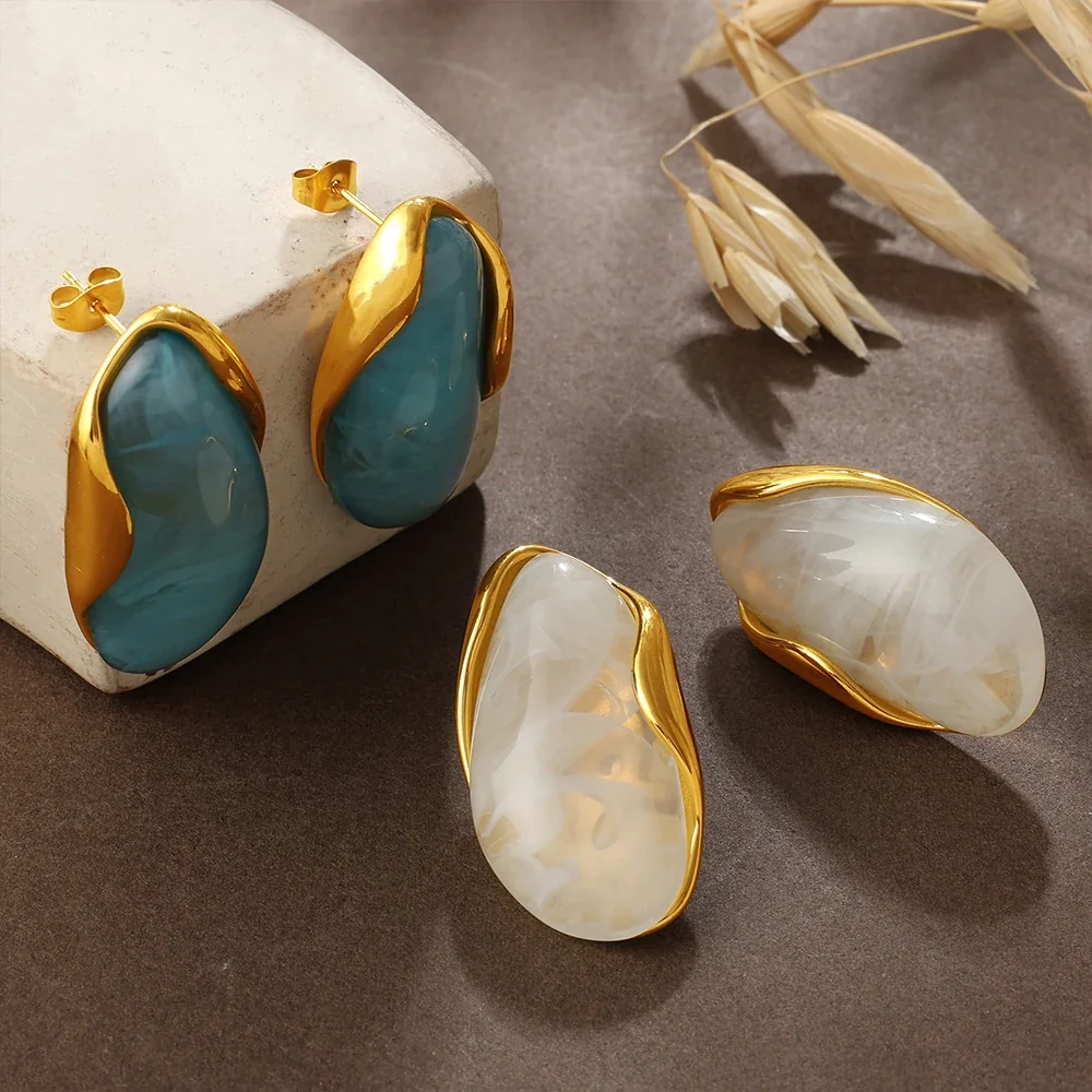 Stud Earrings, Marbled Resin & 18K Gold-Plated Frames