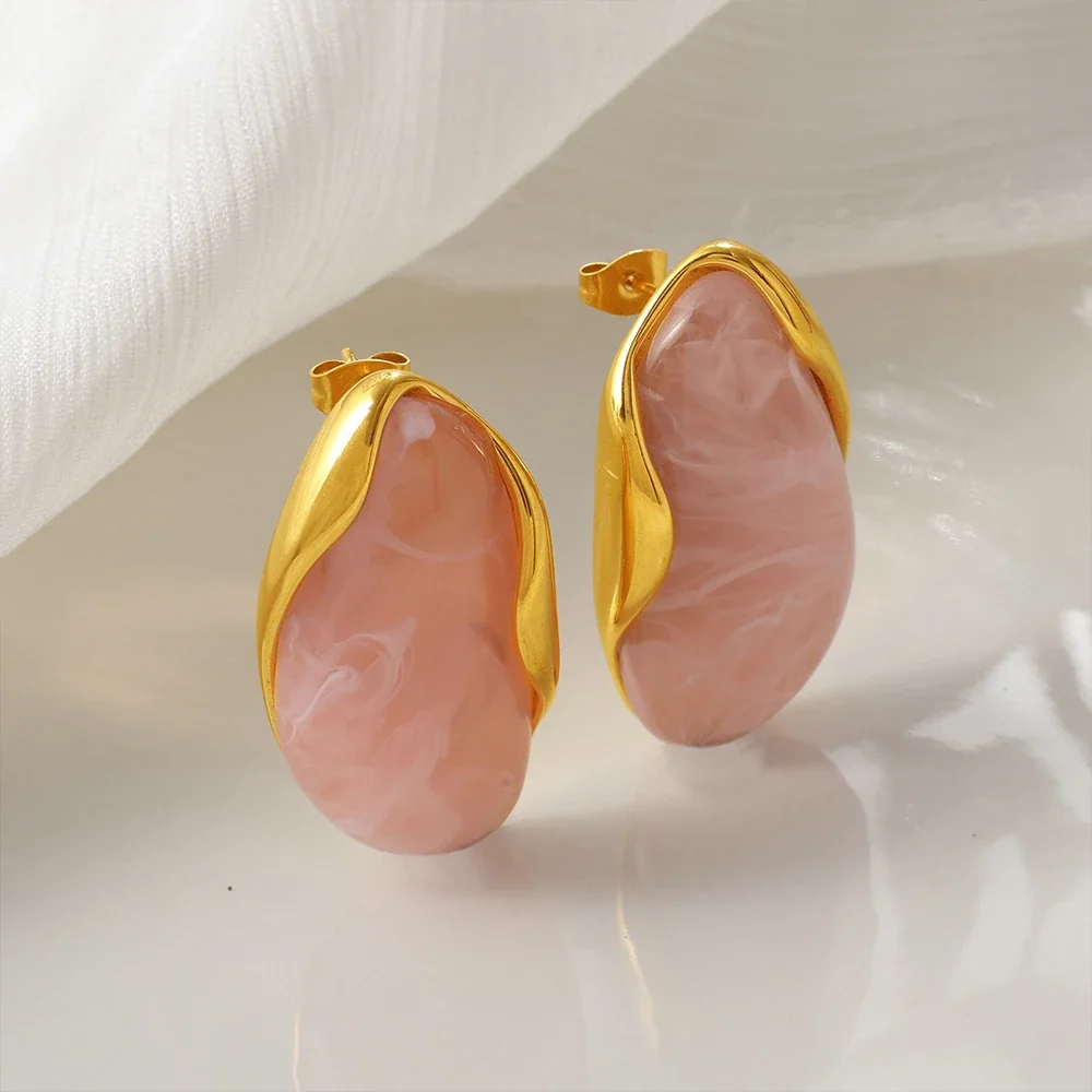 Stud Earrings, Marbled Resin & 18K Gold-Plated Frames