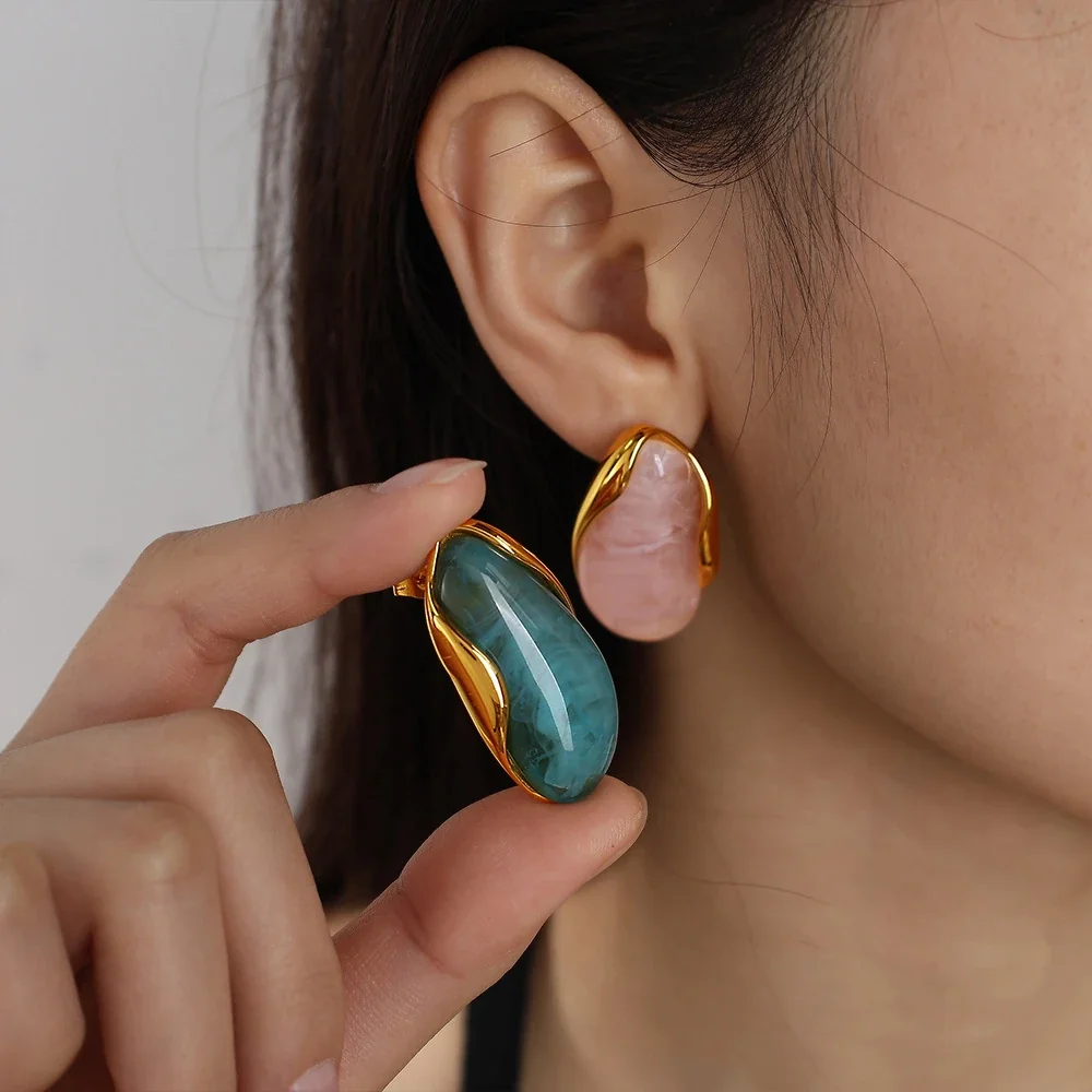 Stud Earrings, Marbled Resin & 18K Gold-Plated Frames