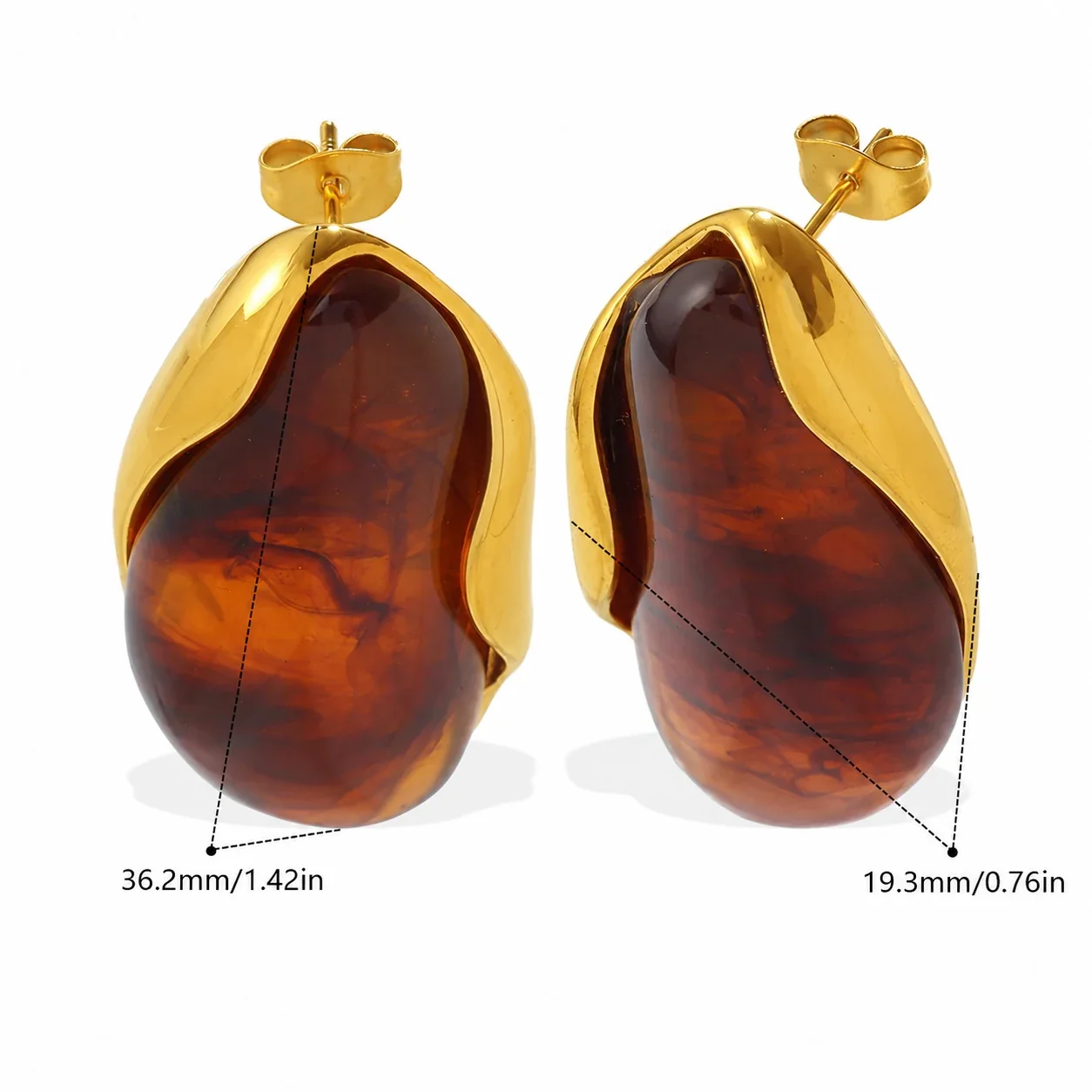 Stud Earrings, Marbled Resin & 18K Gold-Plated Frames - Amber Resin