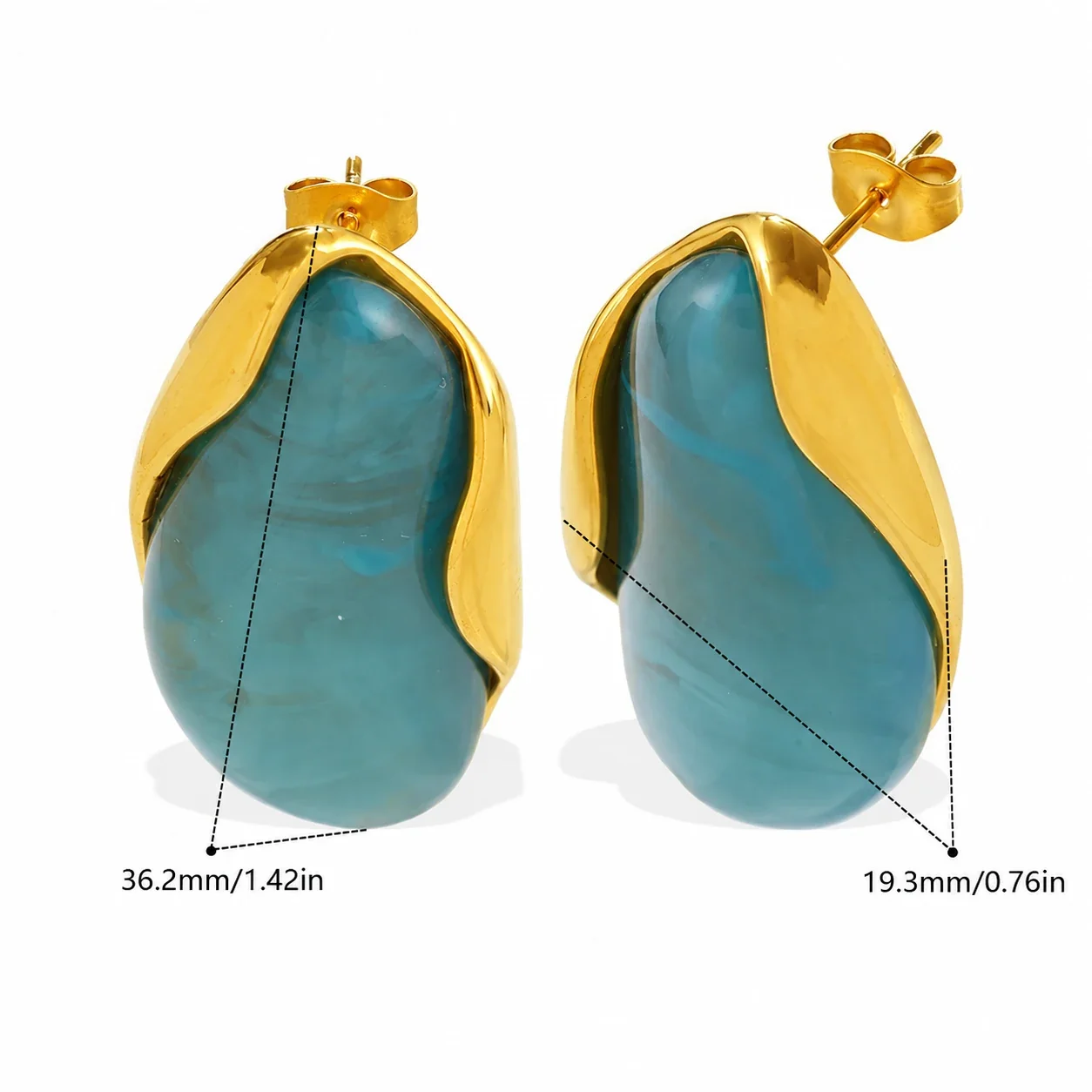 Stud Earrings, Marbled Resin & 18K Gold-Plated Frames - Blue Resin