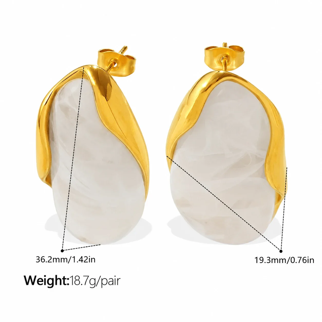 Stud Earrings, Marbled Resin & 18K Gold-Plated Frames - White Resin