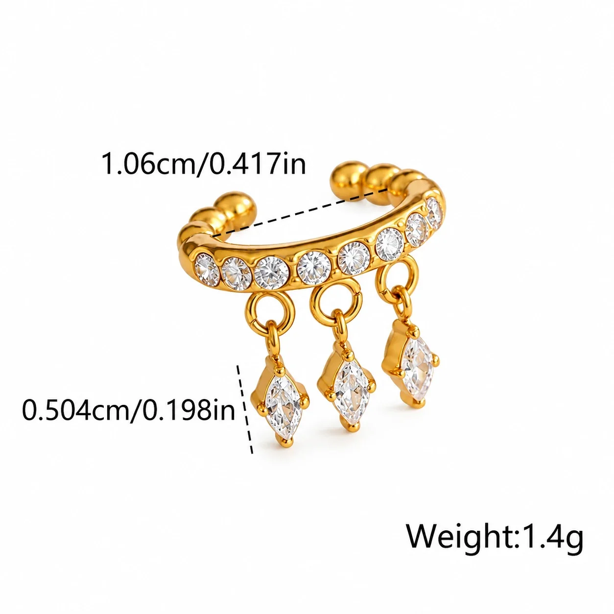 Ear cuff: kristallen rij & marquise hangers, verguld roestvrij staal productfoto