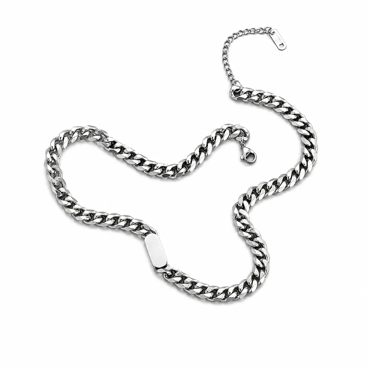 Polished Stainless Steel Cuban Link ID Chain Necklace