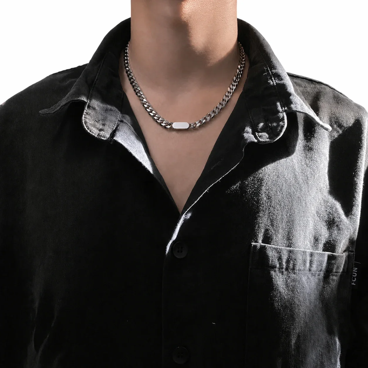 Polished Stainless Steel Cuban Link ID Chain Necklace