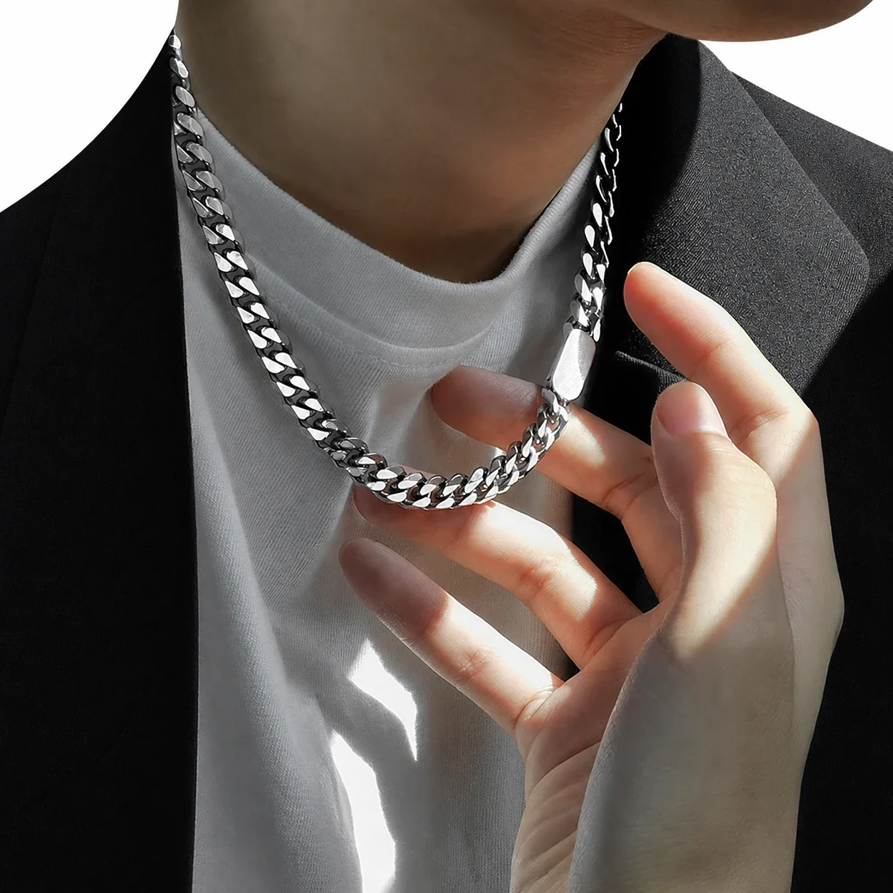 Polished Stainless Steel Cuban Link ID Chain Necklace
