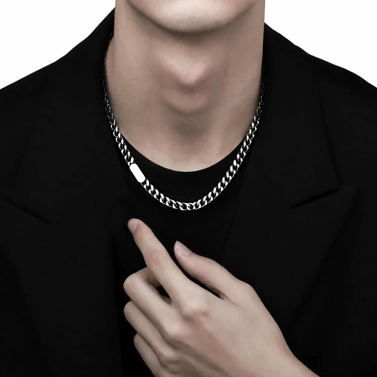 Polished Stainless Steel Cuban Link ID Chain Necklace