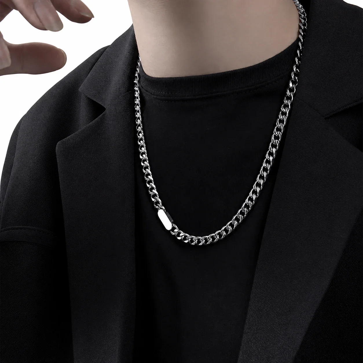 Polished Stainless Steel Cuban Link ID Chain Necklace - Silver ID + cm