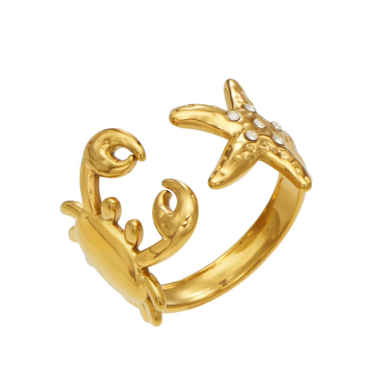 Ring: Open-Front Crab & Starfish CZ Stainless Steel