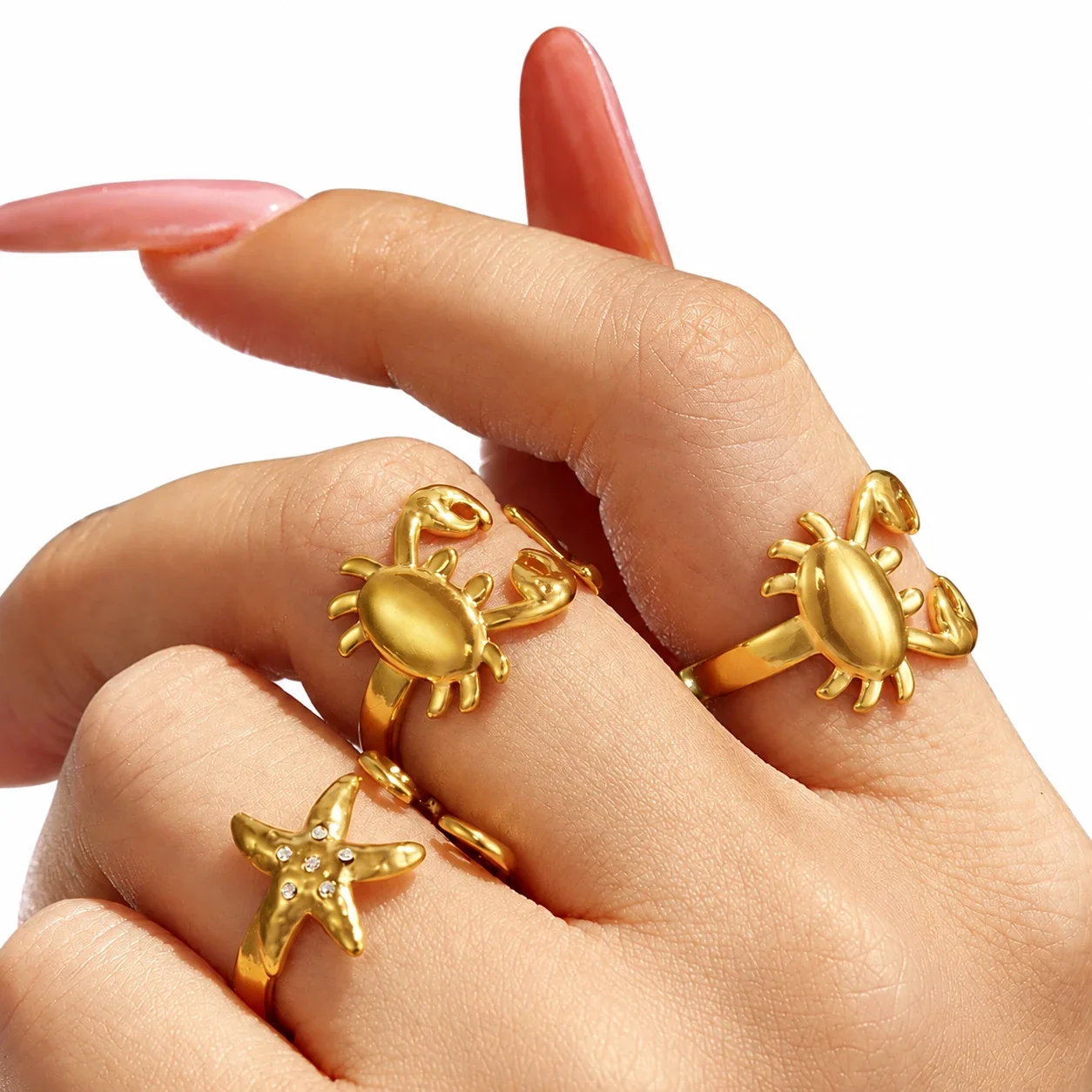 Ring: Open-Front Crab & Starfish CZ Stainless Steel