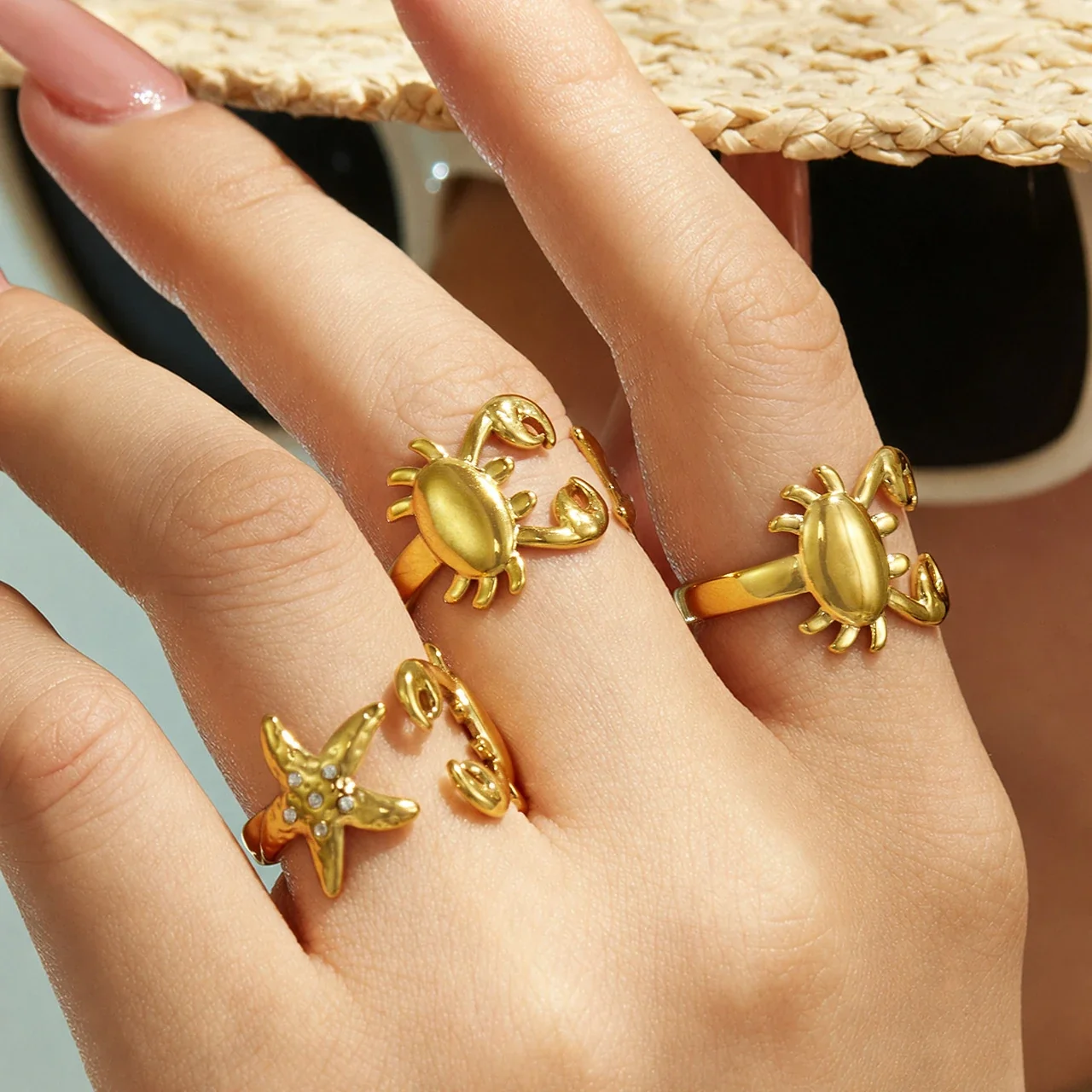 Ring: Open-Front Crab & Starfish CZ Stainless Steel
