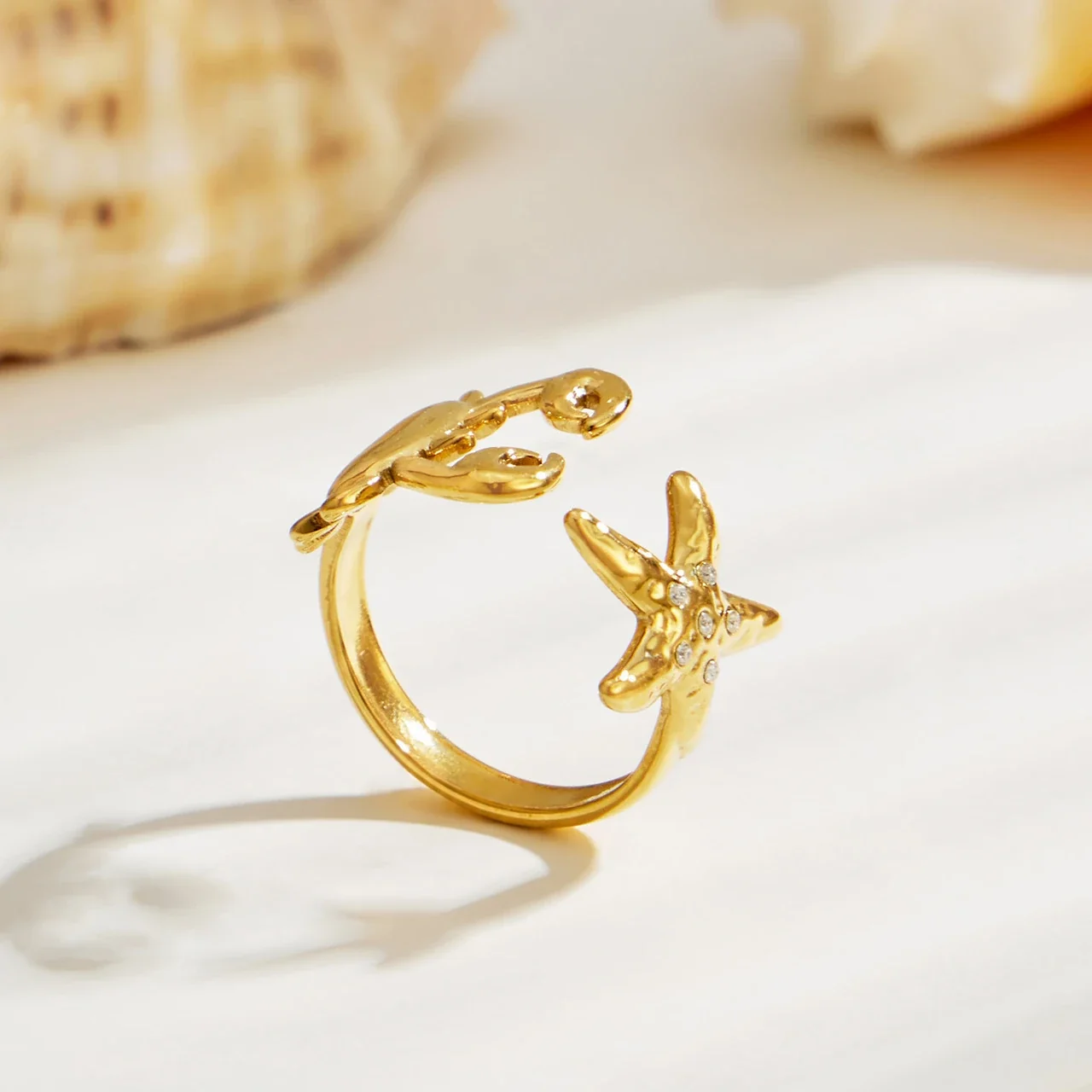 Ring: Open-Front Crab & Starfish CZ Stainless Steel