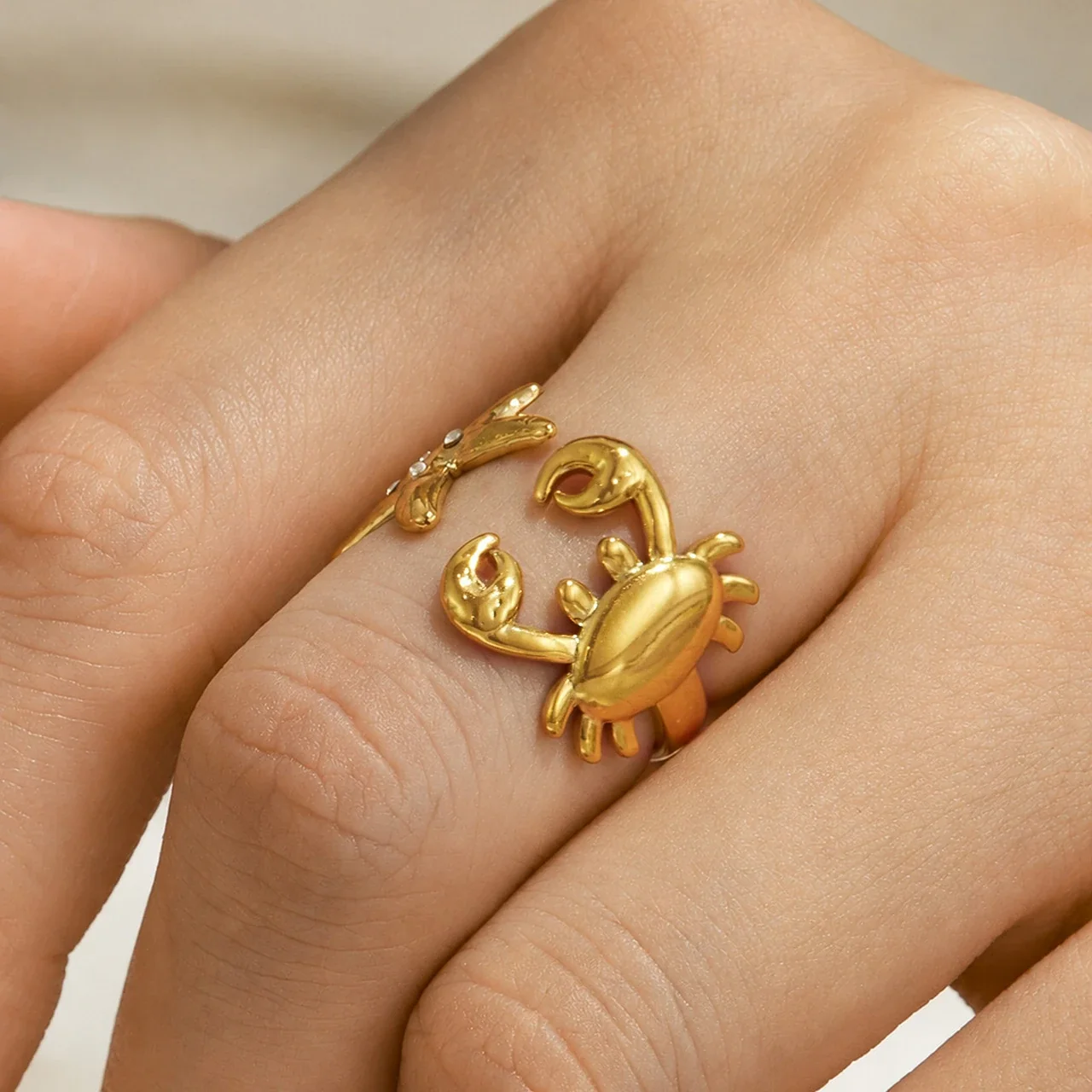 Ring: Open-Front Crab & Starfish CZ Stainless Steel