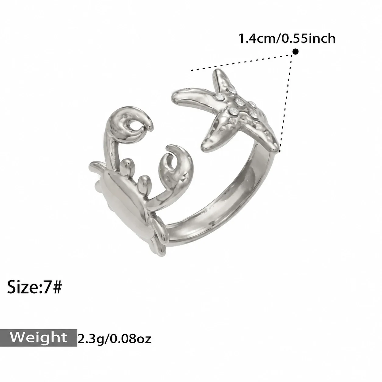 Ring: Open-Front Crab & Starfish CZ Stainless Steel - Silver