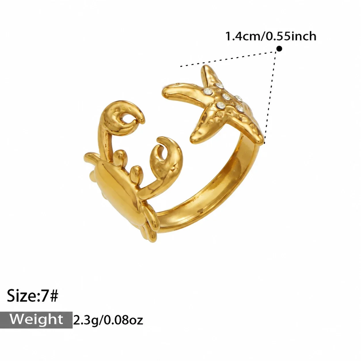 Ring: Open-Front Crab & Starfish CZ Stainless Steel - Gold