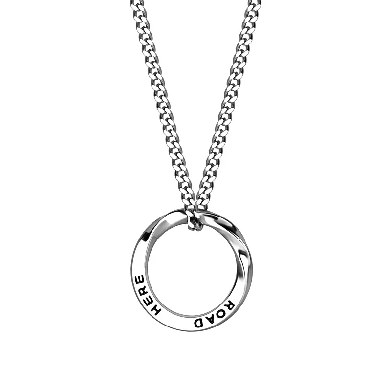 Sculptural Stainless Steel Twisted Ring Curb Pendant Necklace