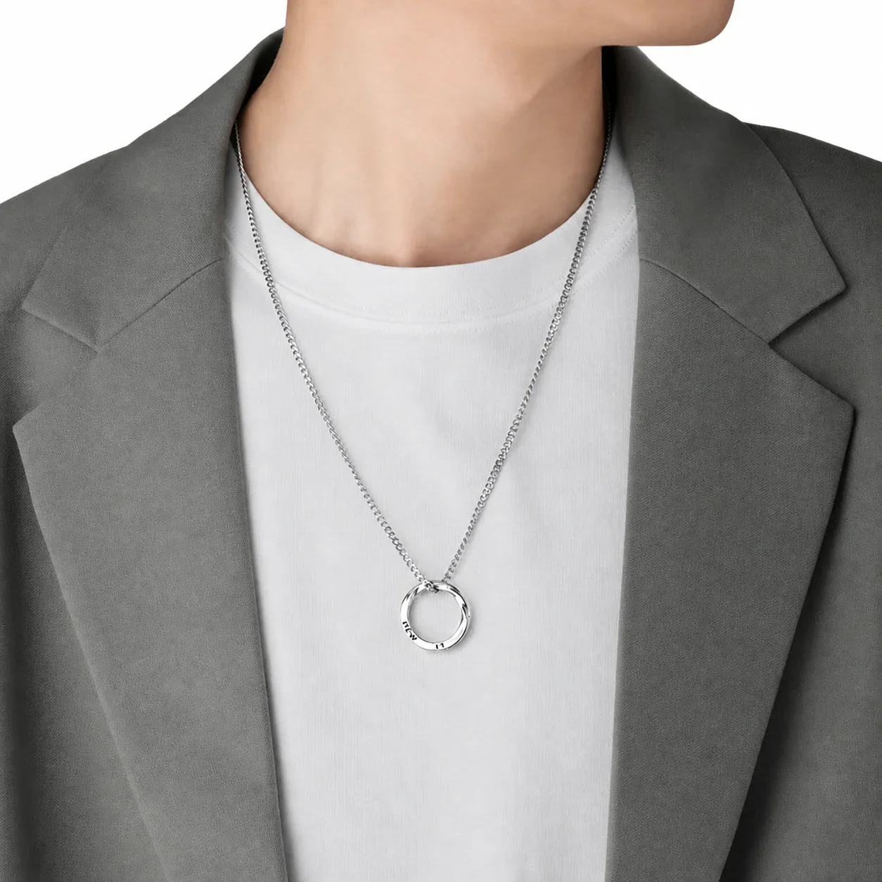 Sculptural Stainless Steel Twisted Ring Curb Pendant Necklace