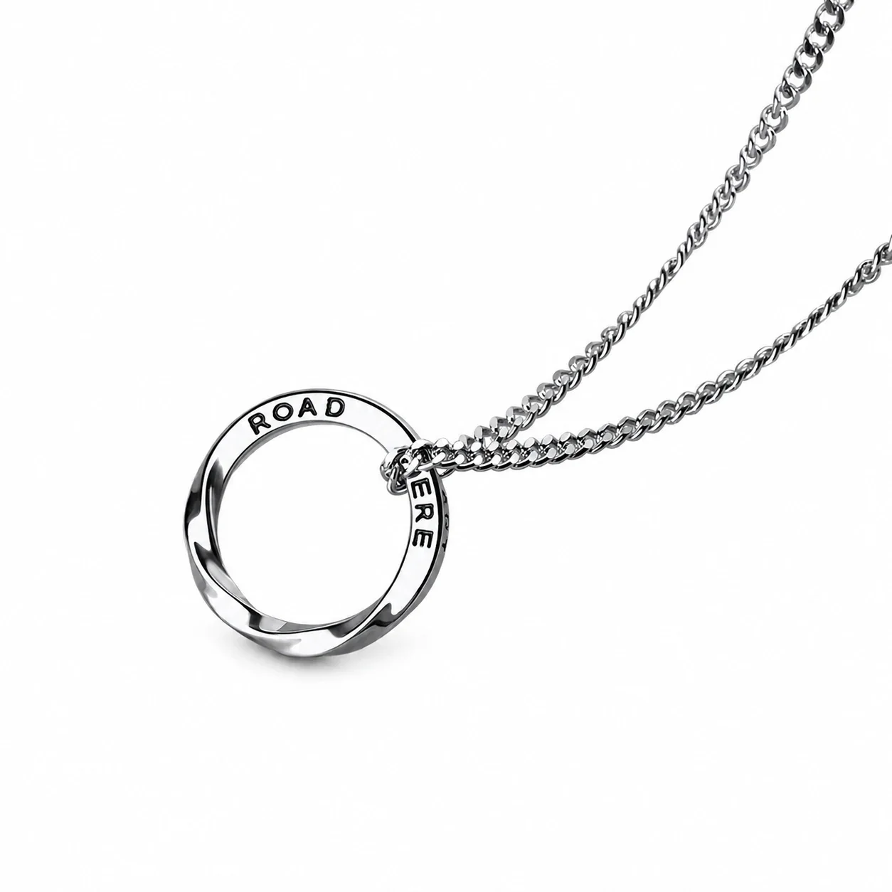 Sculptural Stainless Steel Twisted Ring Curb Pendant Necklace